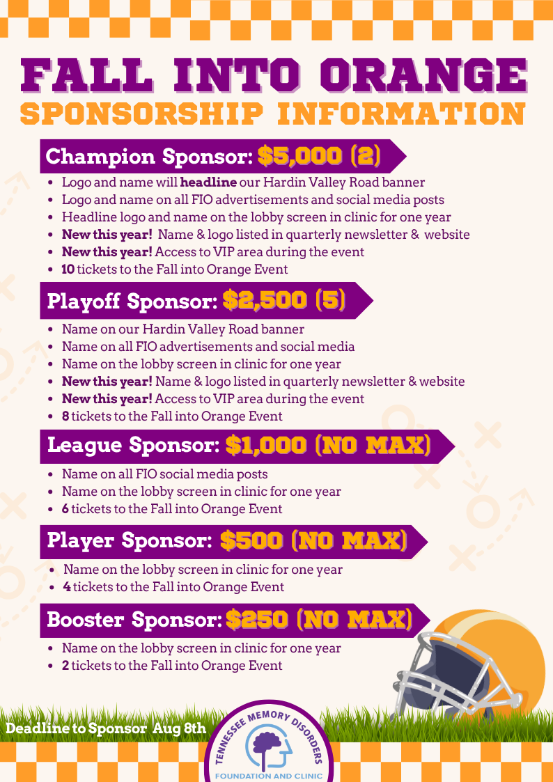 Fall Into Orange Sponsorship Levels - PNG Champion Sponsor: $5,000, Playoff Sponsor: $2,500,<br />
League Sponsor: $1,000, Player Sponsor: $500, Booster Sponsor: $250